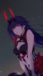 Rule 34 | 1girl, armor, bare arms, blunt bangs, breastplate, breasts, cleavage, commentary, eyeliner, floating hair, highres, honkai (series), honkai impact 3rd, horns, jin yun, long hair, looking at viewer, makeup, medium breasts, oni horns, purple eyes, purple hair, raiden mei, raiden mei (herrscher of thunder), red horns, red pupils, smile, solo, upper body, very long hair