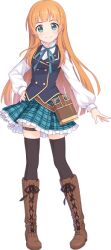 Rule 34 | 1girl, anne (princess connect!), black jacket, black thighhighs, boots, european clothes, green eyes, green necktie, jacket, long hair, long sleeves, necktie, official art, orange hair, plaid, plaid skirt, pleated skirt, princess connect!, shirt, simple background, skirt, smile, standing, thighhighs, transparent background, white shirt