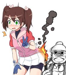 Rule 34 | 1girl, bike shorts, breasts, brown hair, burning, fire, gloves, green eyes, hand on leg, hand on own leg, hand on own thigh, hand on thigh, highres, jacket, leaning forward, legs, looking at viewer, monkey, open mouth, saru getchu, sayaka (saru getchu), skirt, small breasts, surprised, thighs, twintails, v