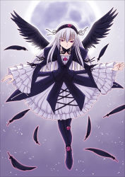 Rule 34 | 00s, 1girl, absurdres, boots, feathers, flower, frills, full body, gothic lolita, hairband, highres, lolita fashion, moon, orebalgum, red eyes, rose, rozen maiden, solo, suigintou, white hair, wings
