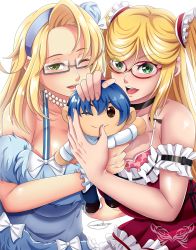 Rule 34 | 2girls, action taimanin, artist name, bare shoulders, blonde hair, blue dress, breasts, character doll, choker, dress, emily simmons, forehead, frilled dress, frills, fuuma kotarou (taimanin series), green eyes, hairband, highres, huge breasts, jewelry, kosaka shizuru, looking at viewer, multiple girls, necklace, one eye closed, open mouth, red dress, remchi301, ribbon, taimanin (series), twintails, white background