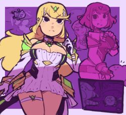 3girls bare_legs bare_shoulders black_eyes blonde_hair breasts cleavage cleavage_cutout clothing_cutout cut-in dress elbow_gloves gem gloves headpiece highres kirby large_breasts limited_palette long_hair m4rcyart meme microdress multiple_girls mythra_(xenoblade) nintendo open_mouth pointing purple_background pyra_(xenoblade) short_dress short_hair smile super_smash_bros. swept_bangs thigh_strap tiara two_soyjaks_pointing_(meme) v-shaped_eyebrows villager_(animal_crossing) white_dress white_gloves xenoblade_chronicles_(series) xenoblade_chronicles_2