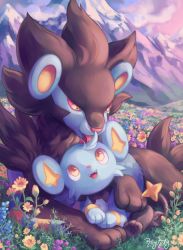 Rule 34 | commentary, creatures (company), day, english commentary, fangs, field, flower, flower field, game freak, gen 4 pokemon, grass, highres, licking, looking up, luxray, nintendo, no humans, open mouth, outdoors, pokemon, pokemon (creature), rileykitty, shinx, signature, toes, tongue, yellow eyes