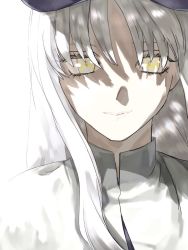 Rule 34 | 1girl, caren hortensia, collar, dress, fate/hollow ataraxia, fate (series), grey hair, hat, layered sleeves, long hair, long sleeves, looking at viewer, nun, robe, shroud of magdalene, simple background, smile, solo, traditional nun, white background, white hair, y das a r, yellow eyes