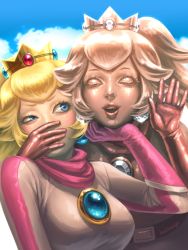 Rule 34 | 2girls, bellhenge, biker clothes, biker peach, bikesuit, blonde hair, blue eyes, bodysuit, colored skin, crown, dual persona, earrings, gem, gloves, grabbing, grabbing from behind, hand over mouth, highres, jewelry, long hair, mario (series), mario kart, mario kart 8, md5 mismatch, metal, multiple girls, nintendo, open mouth, pink gold peach, pink skin, princess peach, racing suit, resized, resolution mismatch, scarf, shiny skin, source smaller, upscaled