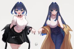 Rule 34 | 2girls, absurdres, bare shoulders, black hair, black jacket, black nails, black skirt, blue eyes, blue hair, blue nails, blue pants, breasts, brown jacket, collarbone, cowboy shot, denim, dual persona, fangs, highres, hololive, hololive english, jacket, large breasts, long hair, midriff, multicolored hair, multiple girls, navel, off shoulder, open mouth, ouro kronii, pants, psypolo d, shirt, short hair, skirt, smile, streaked hair, tongue, turtleneck, virtual youtuber, white shirt