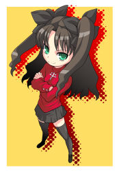 Rule 34 | 1girl, black hair, black thighhighs, bow, casual, chibi, crossed arms, fate/stay night, fate (series), full body, green eyes, hair bow, kouda tomohiro, long hair, smile, solo, standing, thighhighs, tohsaka rin, twintails, two side up, zettai ryouiki