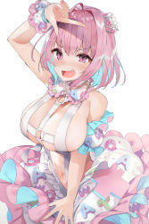 Rule 34 | 1girl, :d, ahoge, arm up, bare shoulders, blue hair, blush, breasts, cleavage, commentary request, crown, fang, fingernails, hair intakes, highres, idolmaster, idolmaster cinderella girls, large breasts, layered skirt, long fingernails, looking at viewer, multicolored clothes, multicolored hair, multicolored skirt, nail polish, navel, o-ring, open mouth, pink hair, pink nails, purple eyes, revealing clothes, short hair, simple background, skindentation, skirt, smile, solo, tetsubuta, two-tone hair, v-shaped eyebrows, white background, wrist cuffs, yumemi riamu