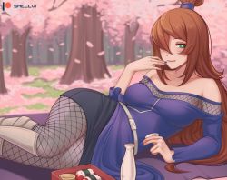 Rule 34 | 1girl, artist name, bare shoulders, black skirt, bottle, breasts, brown hair, collarbone, commentary request, fishnet legwear, fishnets, hair over one eye, large breasts, long hair, long sleeves, lying, nail polish, naruto, naruto (series), naruto shippuuden, nipples, on side, pencil skirt, purple nails, rice, sake bottle, shellvi, skirt, solo, terumi mei, tongue, tongue out