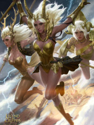 Rule 34 | 3girls, antlers, armor, armored dress, blonde hair, boots, breasts, choker, cleavage, eyeshadow, facial mark, flying, gauntlets, high heel boots, high heels, horns, jewelry, kilart, knee boots, legend of the cryptids, leotard, lips, lipstick, long hair, makeup, medium breasts, multiple girls, necklace, nose, pauldrons, polearm, realistic, red eyes, shield, shoulder armor, showgirl skirt, spear, vambraces, weapon