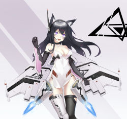 Rule 34 | 1girl, animal ears, arm up, bare shoulders, black choker, black gloves, black hair, black thighhighs, boost404, breasts, choker, cleavage, collarbone, dress, elbow gloves, feet out of frame, gloves, headset, highres, long hair, looking at viewer, mecha musume, medium breasts, open mouth, original, parted lips, purple eyes, science fiction, simple background, smile, solo, standing, thighhighs, white dress, white thighhighs