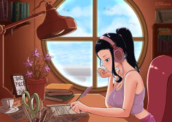 Rule 34 | 1girl, black hair, blue eyes, blue sky, book, bookshelf, breasts, camisole, chair, cleavage, cosplay, cup, day, desk, elbow rest, elpipe 3000, flower pot, from side, head rest, headphones, high ponytail, highres, holding, holding quill, indoors, lamp, large breasts, lofi girl, lofi girl (cosplay), lofi girl (youtube), looking down, nico robin, one piece, pink headphones, profile, quill, round window, scissors, sitting, sky, solo, teacup, window, writing