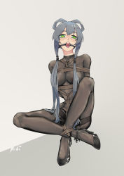 Rule 34 | 1girl, absurdres, ankle strap, arms behind back, bdsm, black footwear, bodysuit, bondage, bound, bound ankles, bound arms, breasts, convenient leg, crossed ankles, full body, gag, gagged, grey background, grey hair, hair over shoulder, hair rings, heart, heart-shaped pupils, high heels, highres, knee up, long hair, looking at viewer, luo tianyi, medium breasts, pick&#039;k, ring gag, rope, saliva, saliva trail, shoes, sitting, skin tight, solo, strappy heels, symbol-shaped pupils, tongue, twintails, two-tone background, very long hair, vocaloid, vocanese, white background