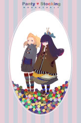 Rule 34 | 10s, 2girls, alternate hairstyle, blonde hair, blue eyes, blue hair, blue shirt, blunt bangs, boot socks, bow, cape jacket, coat, cropped jacket, deer print, easter, fashion, forehead, full body, hair bow, hair ribbon, knit socks, layered clothes, monkeydaly, multicolored hair, multiple girls, panty &amp; stocking with garterbelt, panty (psg), pantyhose, polka dot, ponytail, rabbit, ribbon, saddle shoes, shirt, shoes, shorts, siblings, sisters, socks, stocking (psg), striped, suspenders, thighhighs, toggle, vertical stripes