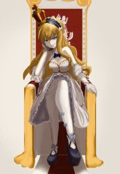 Rule 34 | 1girl, absurdres, azur lane, blonde hair, blue eyes, crown, dress, full body, gloves, gradient background, head rest, highres, long hair, looking at viewer, pantyhose, queen elizabeth (azur lane), queen elizabeth (the queen&#039;s ball) (azur lane), simple background, sitting, sitting on object, smirk, solo, tagme, v-shaped eyebrows, wavy hair, white gloves, white pantyhose