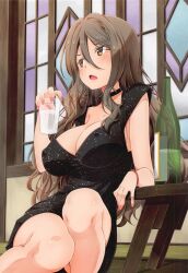 Rule 34 | 1girl, absurdres, black dress, blush, breasts, brown eyes, brown hair, cleavage, covered erect nipples, dress, glass, highres, holding glass, indoors, izumi mahiru, large breasts, long hair, lycoris recoil, nakahara mizuki, no bra, open mouth, solo