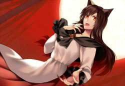 Rule 34 | 1girl, animal ears, bad id, bad pixiv id, brooch, brown hair, fangs, fingernails, full moon, imaizumi kagerou, jewelry, long fingernails, long hair, long sleeves, looking at viewer, moon, nail polish, open mouth, orange eyes, outstretched arm, outstretched hand, red nails, shiba 0, shirt, skirt, smile, solo, tail, touhou, very long hair, wide sleeves, wolf ears, wolf tail