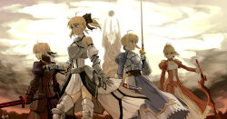 Rule 34 | 10s, 4girls, aestus estus, ahoge, armor, armored dress, artoria pendragon (all), artoria pendragon (fate), as109, bad id, bad pixiv id, bare shoulders, blonde hair, blue eyes, bow, breasts, caliburn (fate), detached sleeves, dress, epaulettes, excalibur (fate/stay night), excalibur morgan (fate), fate/extra, fate/stay night, fate/unlimited codes, fate (series), gauntlets, greaves, hair ribbon, highres, medium breasts, multiple girls, multiple persona, nero claudius (fate), nero claudius (fate) (all), nero claudius (fate/extra), planted, planted sword, planted weapon, ribbon, saber (fate), saber alter, saber lily, signature, sword, thighhighs, tower, type-moon, weapon