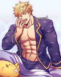 Rule 34 | 1boy, abs, bara, bare pectorals, bed, blonde hair, blue pants, blue shirt, granblue fantasy, green eyes, highres, large pectorals, male focus, muscular, muscular male, navel, on bed, oneirio, open clothes, open mouth, open shirt, pajamas, pants, pectorals, shirt, short hair, sitting, solo, stuffed animal, stuffed toy, twitter username, vane (granblue fantasy), waking up, yawning