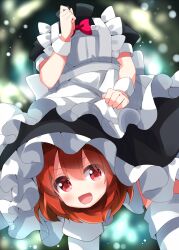 Rule 34 | 1girl, alternate costume, apron, black dress, blush, disembodied head, dress, enmaided, frilled apron, frilled dress, frills, highres, maid, maid apron, open mouth, puffy short sleeves, puffy sleeves, red eyes, red hair, ruu (tksymkw), sekibanki, short hair, short sleeves, smile, solo, thighhighs, touhou, white apron, white thighhighs, wrist cuffs