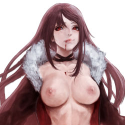 Rule 34 | 1girl, blood, blood on face, breasts, brown hair, cleavage, yu mei-ren (fate), fate/grand order, fate (series), fur trim, long hair, looking at viewer, mao san, nipples, red eyes, simple background, slit pupils, solo, tongue, tongue out, white background