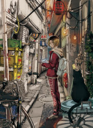 Rule 34 | 10s, 1boy, air conditioner, alley, animal, banner, beer crate, bicycle, black cat, blonde hair, blurry, bottle, broom, building, cable, cat, city, clothes writing, crack, depth of field, door, drainpipe, frown, game console, haikyuu!!, hair between eyes, hand fan, holding, jacket, kozume kenma, lantern, light bulb, looking at viewer, mailbox, male focus, manhole cover, midoripurin, orange sky, outdoors, pants, paper lantern, plant, pornography, poster (object), power lines, red jacket, red pants, road, shoes, sky, sleeves past wrists, stack, standing, street, tape, torn paper, trash can, twilight, utility pole, wall, white footwear, yellow eyes