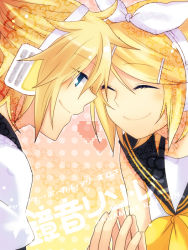 Rule 34 | 1boy, 1girl, bad id, bad pixiv id, blonde hair, blue eyes, brother and sister, closed eyes, colorized, hair ornament, hairclip, heart, kagamine len, kagamine rin, profile, ryou (pixiv247657), short hair, siblings, smile, tamura hiro, twins, vocaloid