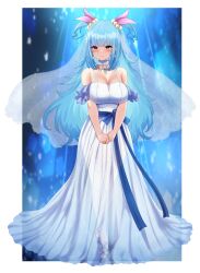 Rule 34 | 1girl, absurdres, anchor ornament, arms behind back, azur lane, blue flower, blue gemstone, blue hair, blue ribbon, blue rose, blush, breasts, cleavage, commentary request, crossed legs, curly hair, detached collar, detached sleeves, dress, earrings, flower, full body, garter straps, gem, hands on own crotch, happy, highres, hip focus, jewelry, large breasts, long hair, looking at viewer, messy hair, necklace, neptune (azur lane), off-shoulder dress, off shoulder, orange eyes, own hands together, pearl hair ornament, ribbon, rose, see-through, see-through dress, smile, solo, spaghetti strap, standing, thigh gap, thighhighs, thighs, v arms, veil, very long hair, wedding dress, white dress, yellow eyes, yuu cream