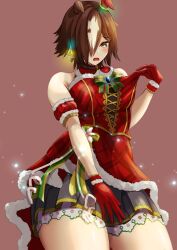 Rule 34 | 1girl, absurdres, animal ears, azuki (azuki azukki), bare shoulders, blush, brown background, brown eyes, brown hair, christmas, commentary request, cosplay, cowboy shot, daiwa scarlet (scarlet nuit etoile) (umamusume), daiwa scarlet (umamusume), daiwa scarlet (umamusume) (cosplay), dress, ears down, gloves, hair over one eye, highres, horse ears, horse girl, horse tail, long hair, open mouth, ponytail, red dress, red gloves, simple background, solo, tail, thighs, umamusume, very long hair, vodka (umamusume)