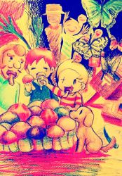 Rule 34 | 1girl, acid trip, blonde hair, boney, brown hair, bug, butterfly, claus (mother 3), closed eyes, colored pencil (medium), cowboy hat, dog, duster (mother), eating, facial hair, flint (mother 3), hat, insect, kumatora, lucas (mother 3), mother (game), mother 3, mushroom, mustache, nintendo, orange hair, pink hair, postbox, scarf, shirt, silhouette, smile, striped clothes, striped shirt, surreal, tears, traditional media, yellow theme