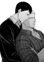 Rule 34 | 2boys, bertolt hoover, bun (bbb81bun), collared shirt, couple, from side, greyscale, height difference, highres, hug, hug from behind, large pectorals, male focus, monochrome, multiple boys, official alternate costume, pectorals, reiner braun, shingeki no kyojin, shirt, short hair, sleeves rolled up, upper body, white background, yaoi