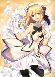 Rule 34 | 1girl, :d, artoria pendragon (all), artoria pendragon (fate), bare shoulders, black pantyhose, blonde hair, dress, fate/grand order, fate/unlimited codes, fate (series), flower, gloves, green eyes, kauto, lily (flower), long hair, looking at viewer, open mouth, pantyhose, saber (fate), saber lily, sleeveless, smile, solo, white gloves