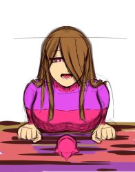 Rule 34 | akumu (glitchtale), bete noire, betty noire, breasts, brown hair, glitchtale, long hair, pink eyes, purple shirt, red shirt, shirt, smile, wearing clothes