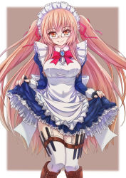 Rule 34 | 1girl, apron, boots, cross-laced footwear, curtsey, frills, garter straps, glasses, hair ribbon, highres, holster, knife, lace-up boots, long hair, looking at viewer, maid, maid apron, maid headdress, ribbon, skirt hold, smile, solo, thigh holster, thigh strap, thighhighs, toriatto gununu, twintails, very long hair, white thighhighs