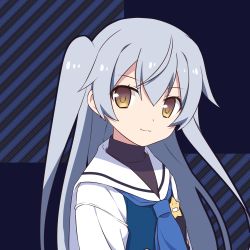 Rule 34 | 1girl, :3, blue neckerchief, blue vest, brown eyes, closed mouth, commentary request, diagonal stripes, hair between eyes, head tilt, highres, long hair, looking at viewer, neckerchief, original, sailor collar, school uniform, serafuku, shenbei xiaoqiu, shirt, sidelocks, silver hair, solo, star (symbol), striped, striped background, two side up, very long hair, vest, white sailor collar, white shirt