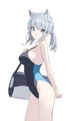 Rule 34 | 1girl, animal ears, bag, blue archive, breasts, grey hair, hair ornament, highres, loyo, medium breasts, one-piece swimsuit, shiroko (blue archive), shiroko (swimsuit) (blue archive), sideboob, solo, swimsuit, wolf ears, x hair ornament