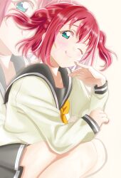 Rule 34 | 1girl, absurdres, aqua eyes, hetian-wei, highres, kurosawa ruby, long sleeves, looking at viewer, love live!, love live! sunshine!!, red hair, smile, solo, tongue, two side up, uranohoshi school uniform