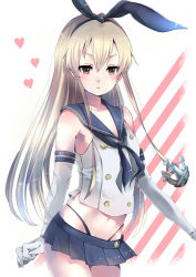 Rule 34 | 10s, 1girl, anchor, bad id, bad pixiv id, black panties, blonde hair, gloves, hair ornament, hairband, heart, heart-shaped pupils, highres, kantai collection, long hair, navel, noda shuha, panties, personification, shimakaze (kancolle), solo, striped background, striped clothes, striped thighhighs, symbol-shaped pupils, thighhighs, underwear, white gloves