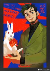 Rule 34 | 1boy, animal, bara, beard, black hair, chinese zodiac, eyebrow cut, facial hair, formal, green eyes, green suit, happy new year, highres, holding, holding animal, male focus, multicolored hair, new year, original, powerlesssong, rabbit, short hair, solo, suit, thick eyebrows, translation request, two-tone hair, upper body, year of the rabbit