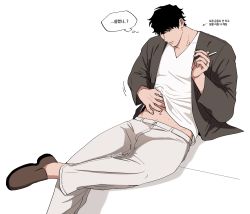 Rule 34 | 1boy, balnom, cigarette, clothes lift, foot out of frame, highres, jacket, korean text, lifted by self, looking down, male focus, midriff peek, open clothes, open jacket, original, pants, pectorals, shirt, shirt lift, short hair, solo, translation request, v-neck, white background, white pants, white shirt