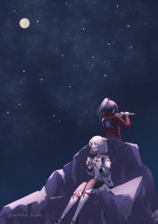 Rule 34 | 1boy, 1girl, animal ears, black hair, black pantyhose, commentary request, cup, dress, facing away, full moon, grey hair, grey jacket, hands up, highres, holding, holding cup, jacket, looking away, mio (xenoblade), moon, night, night sky, noah (xenoblade), open clothes, open jacket, orange eyes, outdoors, pantyhose, ponytail, red jacket, sitting, sky, star (sky), starry sky, twitter username, white dress, xenoblade chronicles (series), xenoblade chronicles 3, yanagimachi