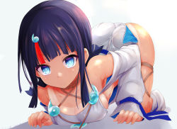 Rule 34 | 1girl, all fours, ass, bare shoulders, black hair, blue eyes, blue ribbon, blush, breasts, collarbone, detached leggings, dress, fate/grand order, fate/requiem, fate (series), jewelry, large breasts, long sleeves, looking at viewer, magatama, magatama hair ornament, magatama necklace, medium hair, multicolored hair, necklace, pelvic curtain, pink hair, puffy long sleeves, puffy sleeves, ribbon, sen (astronomy), short dress, sideboob, sideless outfit, solo, streaked hair, tan, thigh strap, thighs, top-down bottom-up, utsumi erice, white dress, white legwear
