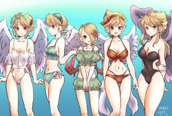 Rule 34 | 5girls, angel wings, artist request, blonde hair, breasts, breath of fire, breath of fire i, breath of fire ii, breath of fire iii, breath of fire iv, breath of fire v, capcom, cleavage, closed mouth, earrings, hairband, hamamuraacca, jewelry, long hair, looking at viewer, multiple girls, nina (breath of fire i), nina (breath of fire ii), nina (breath of fire iii), nina (breath of fire iv), nina (breath of fire v), red wings, short hair, simple background, swimsuit, white wings, wings