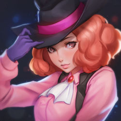 Rule 34 | 1girl, adjusting clothes, adjusting headwear, ascot, brown eyes, closed mouth, commentary, face, gloves, hat, looking at viewer, okumura haru, orange hair, persona, purple gloves, rotisusu, solo, vest, white ascot