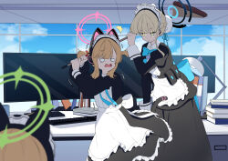 Rule 34 | 2girls, absurdres, animal ear headphones, animal ears, apron, belt pouch, binder, blonde hair, blue archive, blue bow, blue bowtie, blue ribbon, blue sky, blurry, blurry foreground, bow, bowtie, breast hold, breasts, broom, cat ear headphones, cat tail, closed mouth, desk, desk lamp, dress, fake animal ears, fake tail, halo, hands up, headphones, highres, holding, holding broom, indoors, juliet sleeves, keyboard (computer), lamp, long dress, long sleeves, maid, maid apron, medium hair, midori (blue archive), midori (maid) (blue archive), momoi (blue archive), momoi (maid) (blue archive), monitor, multiple girls, open mouth, pouch, puffy sleeves, ribbon, round teeth, sidelocks, sky, tail, teeth, toki (blue archive), trembling, two side up, window, yuki hishaku