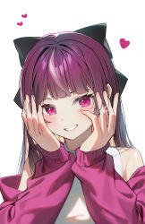 Rule 34 | 1girl, absurdres, black bow, blunt bangs, bow, commentary request, eyebrows hidden by hair, grin, hair bow, hands up, heart, highres, jacket, long sleeves, looking at viewer, off shoulder, open clothes, open jacket, original, purple eyes, purple hair, purple jacket, shirt, simple background, sleeveless, sleeveless shirt, sleeves past wrists, smile, solo, sugar (dndi888), upper body, virtual youtuber, white background, white shirt