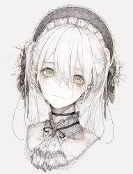 Rule 34 | 1girl, absurdres, ascot, blush, choker, closed mouth, greyscale, hair between eyes, highres, hito komoru, looking at viewer, medium hair, monochrome, original, portrait, simple background, solo, twintails, white background
