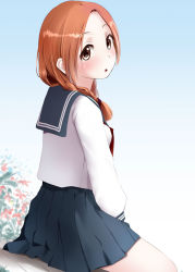 Rule 34 | 1girl, :o, aoi hana, black sailor collar, black skirt, blush, braid, brown eyes, brown hair, commentary request, forehead, from behind, hair over shoulder, kozue akari, long hair, long sleeves, looking at viewer, looking back, okudaira akira, parted bangs, parted lips, pleated skirt, puffy long sleeves, puffy sleeves, sailor collar, school uniform, serafuku, shirt, sitting, skirt, solo, white shirt