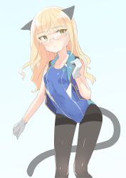 Rule 34 | 1girl, animal ears, aohashi ame, black pantyhose, blonde hair, blue background, blue leotard, blush, breasts, cat ears, cat tail, collarbone, glasses, gloves, highres, leotard, long hair, pantyhose, pantyhose under swimsuit, perrine h. clostermann, simple background, small breasts, solo, strike witches, swimsuit, tail, white gloves, world witches series, yellow eyes