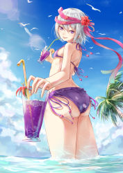 Rule 34 | 10s, 1girl, aira (gohei708), ass, bad id, bad pixiv id, bandages, bare shoulders, bikini, bird, blush, breasts, caustics, cloud, cowboy shot, cup, day, drink, drinking glass, drinking straw, flower, frilled bikini, frills, from behind, from below, hair ornament, hair ribbon, hibiscus, highres, holding, holding cup, holding drinking glass, lens flare, looking at viewer, looking back, open mouth, outdoors, palm tree, partially submerged, perspective, purple bikini, purple eyes, ribbon, seagull, selector wixoss, short hair, sky, small breasts, smile, solo, standing, swimsuit, tree, ulith (wixoss), wading, water, white hair, wixoss